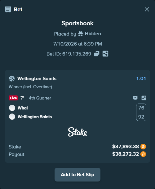Bet slip: Tauranaga Whai - Wellington Saints, $37,951.16 stake at 1.01 odds, placed by Hidden