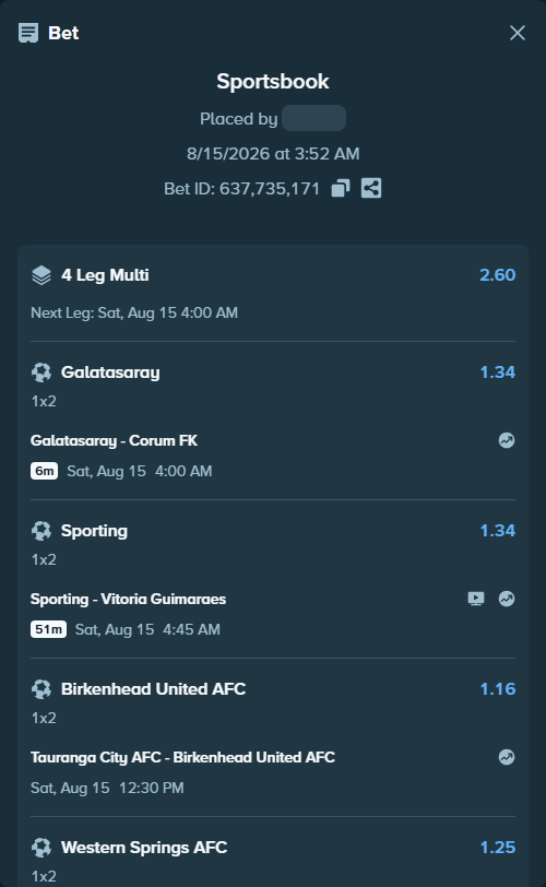 Bet slip: Tauranga City AFC - Birkenhead United AFC, $17,520.53 stake at 1.16 odds, placed by Maxprof