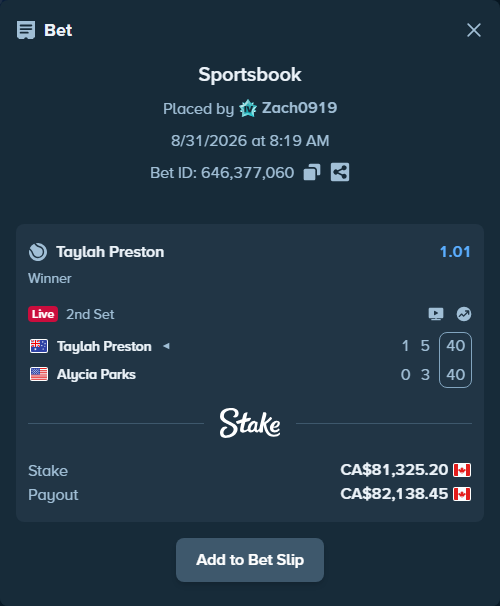Bet slip: Taylah Preston - Alycia Parks, $60,180.65 stake at 1.01 odds, placed by Zach0919