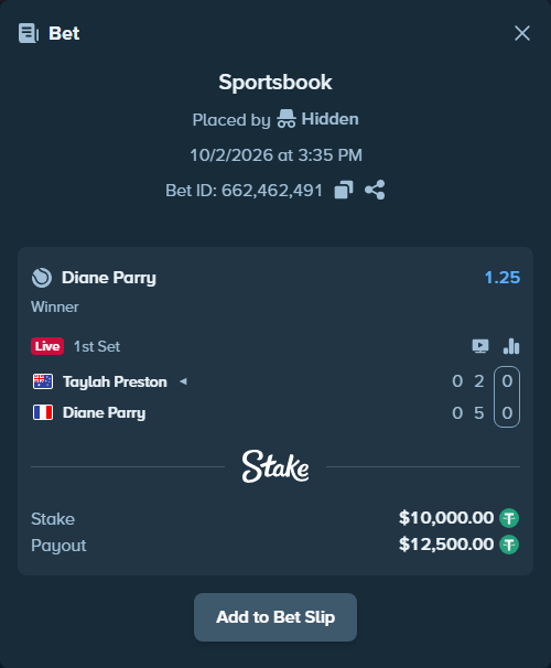 Bet slip: Taylah Preston - Diane Parry, $10,000.00 stake at 1.25 odds, placed by 383lakhan