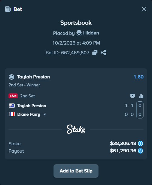 Bet slip: Taylah Preston - Diane Parry, $38,306.48 stake at 1.60 odds, placed by Hidden