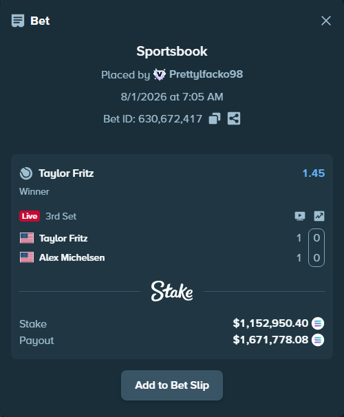 Bet slip: Taylor Fritz - Alex Michelsen, $1,147,853.22 stake at 1.45 odds, placed by Prettylfacko98