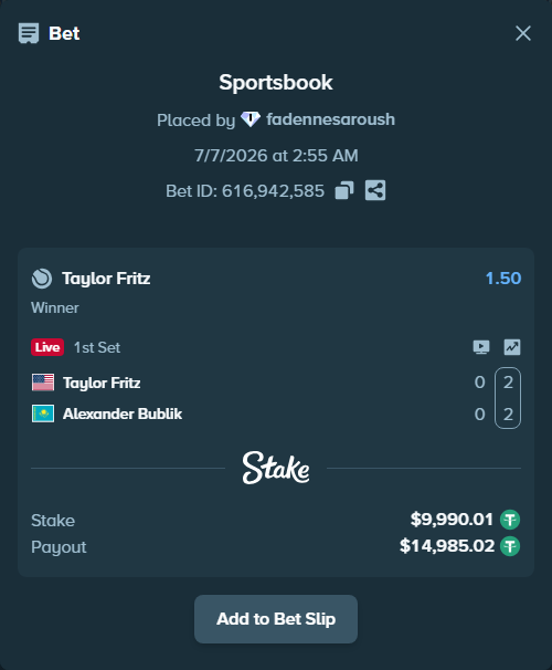 Bet slip: Taylor Fritz - Alexander Bublik, $10,000.00 stake at 1.50 odds, placed by fadennesaroush