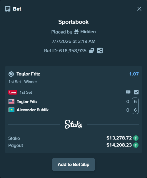 Bet slip: Taylor Fritz - Alexander Bublik, $13,292.00 stake at 1.07 odds, placed by Hidden