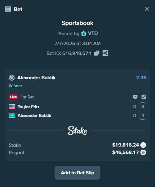 Bet slip: Taylor Fritz - Alexander Bublik, $19,972.18 stake at 2.35 odds, placed by VTD