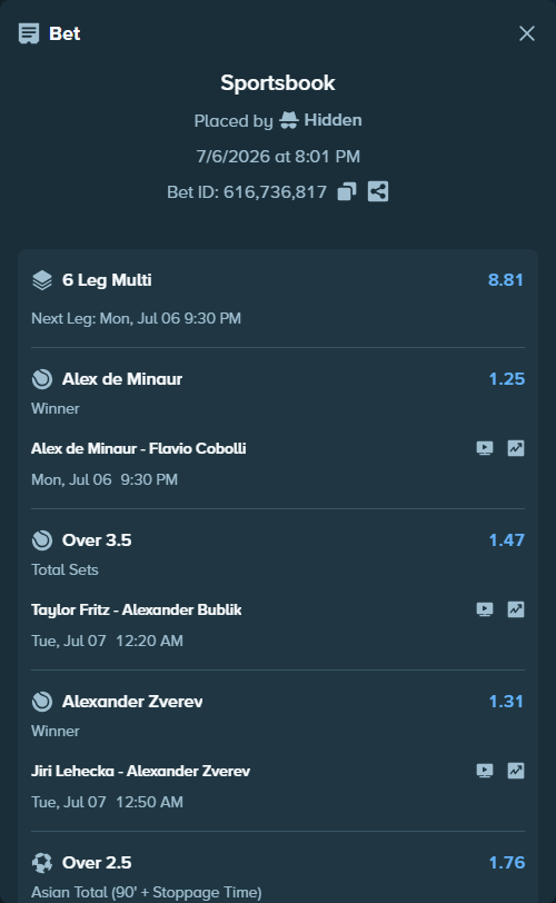 Bet slip: Taylor Fritz - Alexander Bublik, $20,020.00 stake at 1.47 odds, placed by Hidden
