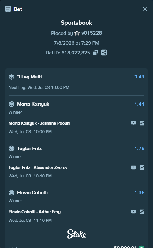 Bet slip: Taylor Fritz - Alexander Zverev, $10,000.00 stake at 1.78 odds, placed by v015228