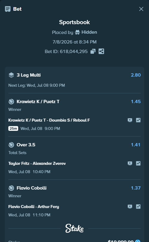 Bet slip: Taylor Fritz - Alexander Zverev, $10,000.00 stake at 1.41 odds, placed by Hidden