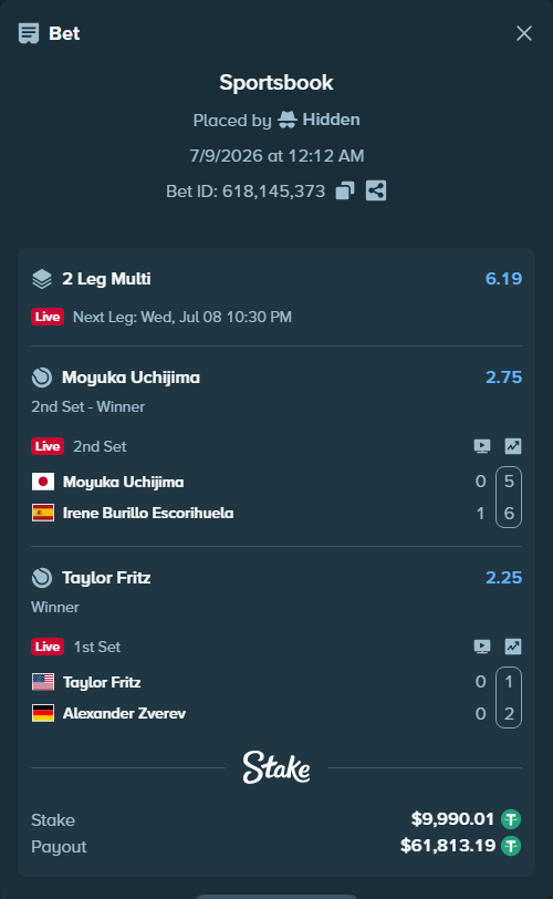 Bet slip: Taylor Fritz - Alexander Zverev, $10,000.00 stake at 2.25 odds, placed by Hidden