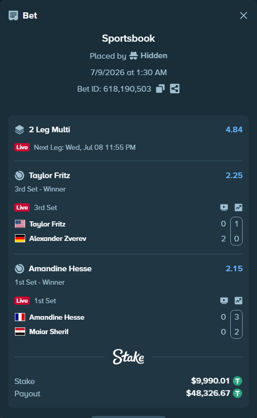 Bet slip: Taylor Fritz - Alexander Zverev, $10,000.00 stake at 2.25 odds, placed by Hidden
