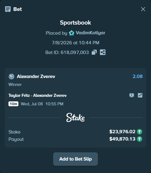 Bet slip: Taylor Fritz - Alexander Zverev, $24,000.00 stake at 2.08 odds, placed by VadimKotlyar