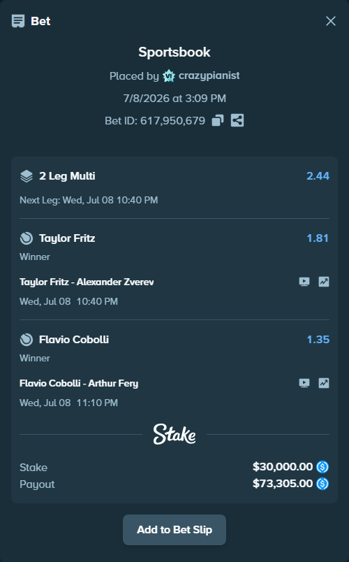 Bet slip: Taylor Fritz - Alexander Zverev, $30,000.00 stake at 1.81 odds, placed by crazypianist