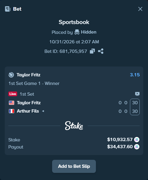Bet slip: Taylor Fritz - Arthur Fils, $10,871.92 stake at 3.15 odds, placed by Prettylfacko98