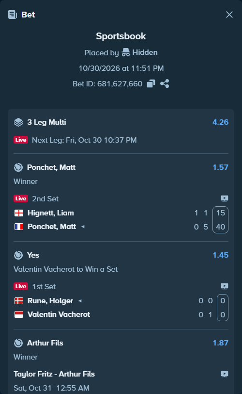 Bet slip: Taylor Fritz - Arthur Fils, $36,000.00 stake at 1.87 odds, placed by Hidden
