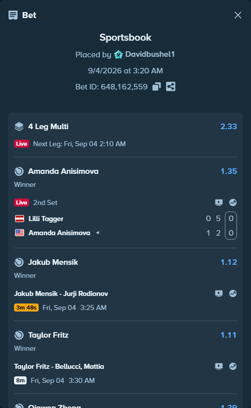 Bet slip: Taylor Fritz - Bellucci, Mattia, $10,163.25 stake at 1.11 odds, placed by Davidbushel1