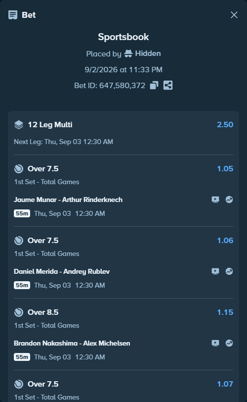 Bet slip: Taylor Fritz - Bellucci, Mattia, $125,000.00 stake at 1.09 odds, placed by Hidden