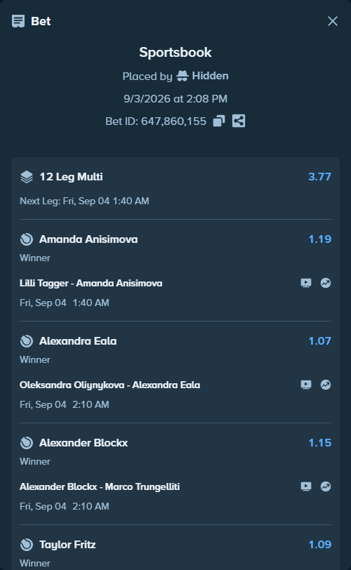 Bet slip: Taylor Fritz - Bellucci, Mattia, $125,000.00 stake at 1.09 odds, placed by Hidden