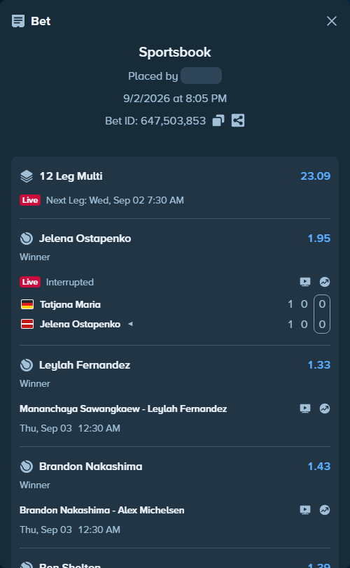 Bet slip: Taylor Fritz - Bellucci, Mattia, $20,452.00 stake at 1.12 odds, placed by DooDLeZ1love