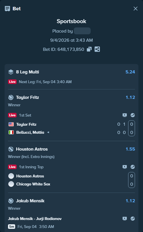 Bet slip: Taylor Fritz - Bellucci, Mattia, $44,380.00 stake at 1.12 odds, placed by 12quant