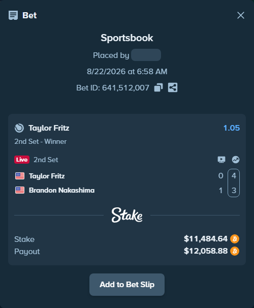 Bet slip: Taylor Fritz - Brandon Nakashima, $11,586.30 stake at 1.05 odds, placed by LauraTati9