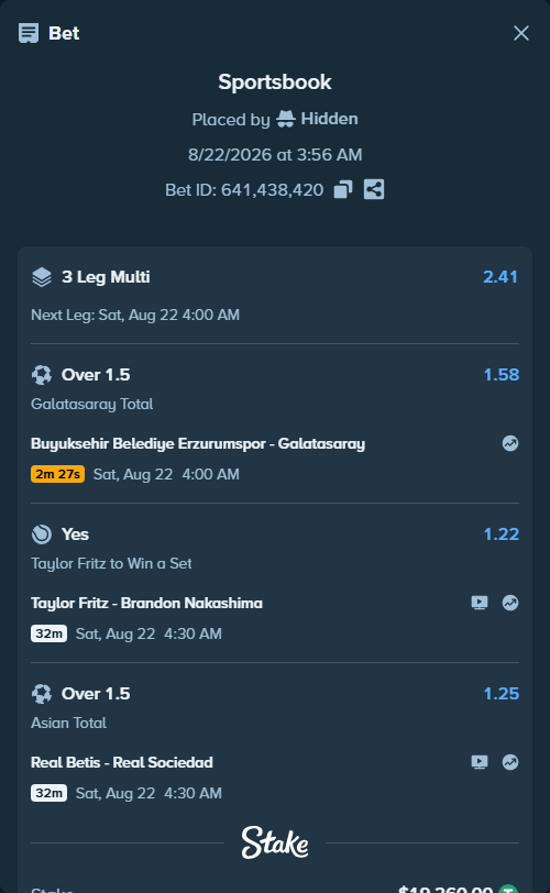 Bet slip: Taylor Fritz - Brandon Nakashima, $19,260.00 stake at 1.22 odds, placed by Hidden