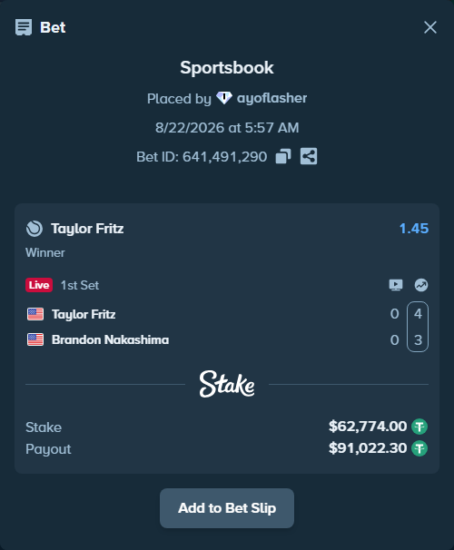 Bet slip: Taylor Fritz - Brandon Nakashima, $62,774.00 stake at 1.45 odds, placed by ayoflasher