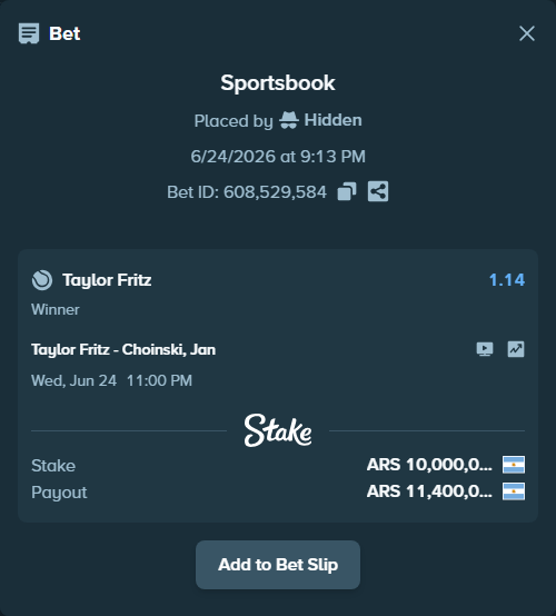 Bet slip: Taylor Fritz - Choinski, Jan, $11,000.00 stake at 1.14 odds, placed by Hidden