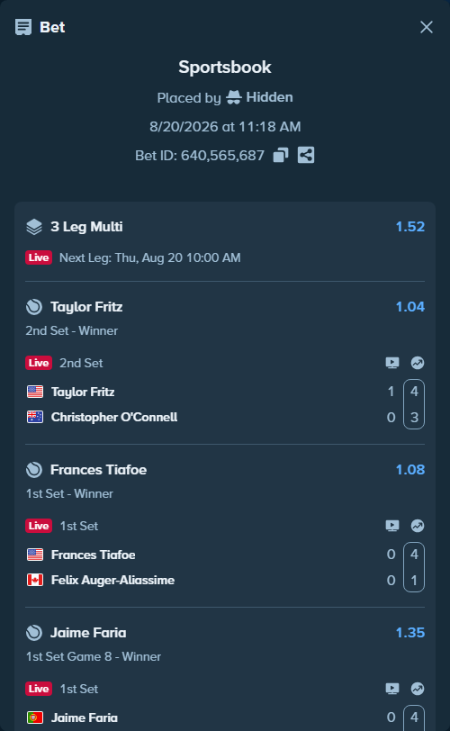 Bet slip: Taylor Fritz - Christopher O'Connell, $43,000.00 stake at 1.04 odds, placed by Hidden