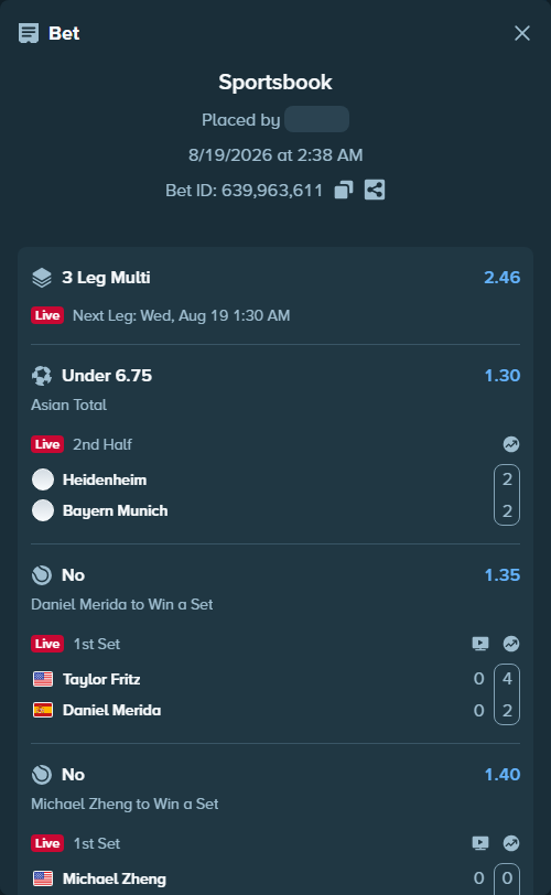 Bet slip: Taylor Fritz - Daniel Merida, $10,010.00 stake at 1.35 odds, placed by Jeanmarie2341