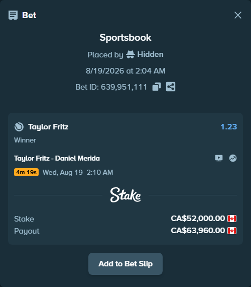 Bet slip: Taylor Fritz - Daniel Merida, $38,480.00 stake at 1.23 odds, placed by Hidden
