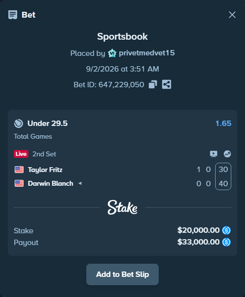 Bet slip: Taylor Fritz - Darwin Blanch, $20,000.00 stake at 1.65 odds, placed by privetmedvet15