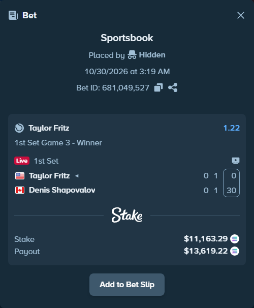 Bet slip: Taylor Fritz - Denis Shapovalov, $11,035.54 stake at 1.22 odds, placed by Prettylfacko98