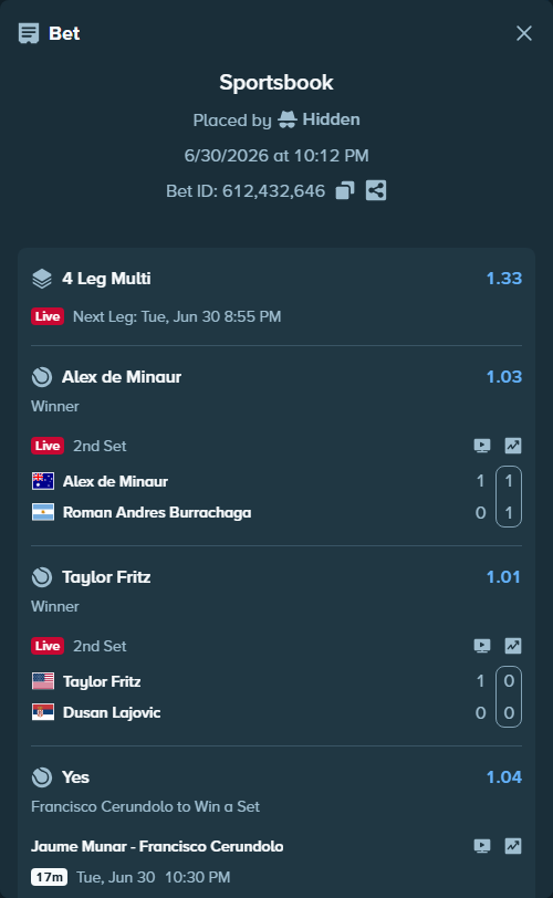 Bet slip: Taylor Fritz - Dusan Lajovic, $15,000.00 stake at 1.01 odds, placed by Hidden