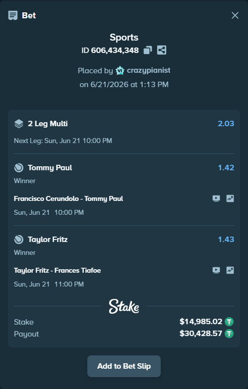 Bet slip: Taylor Fritz - Frances Tiafoe, $15,000.00 stake at 1.43 odds, placed by crazypianist