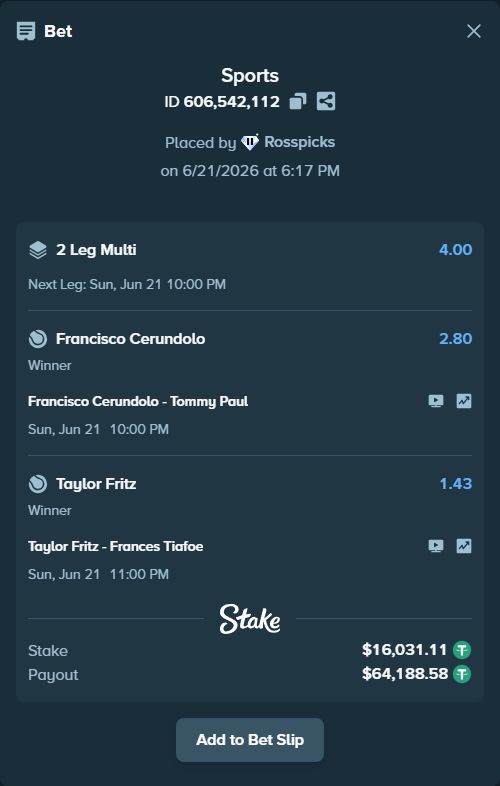Bet slip: Taylor Fritz - Frances Tiafoe, $16,047.14 stake at 1.43 odds, placed by Rosspicks