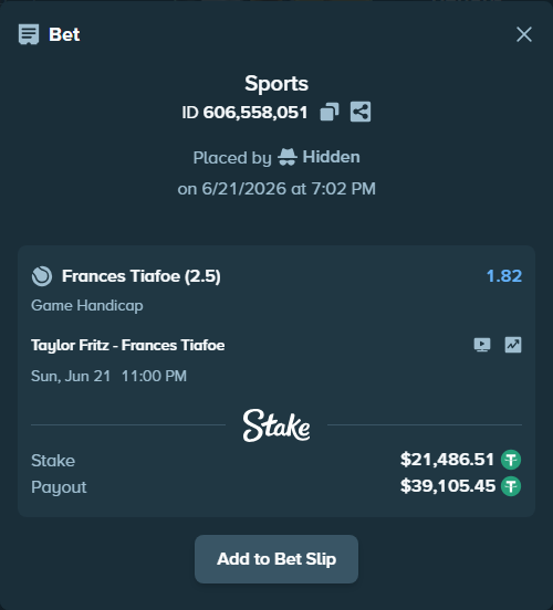Bet slip: Taylor Fritz - Frances Tiafoe, $21,508.00 stake at 1.82 odds, placed by Hidden