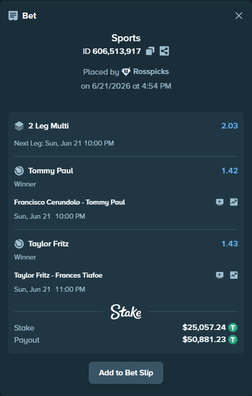 Bet slip: Taylor Fritz - Frances Tiafoe, $25,082.30 stake at 1.43 odds, placed by Rosspicks