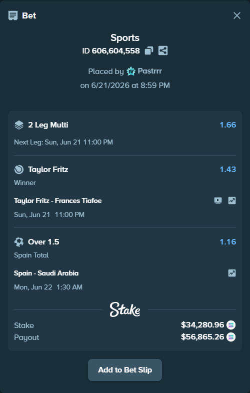 Bet slip: Taylor Fritz - Frances Tiafoe, $33,905.20 stake at 1.43 odds, placed by Pastrrr
