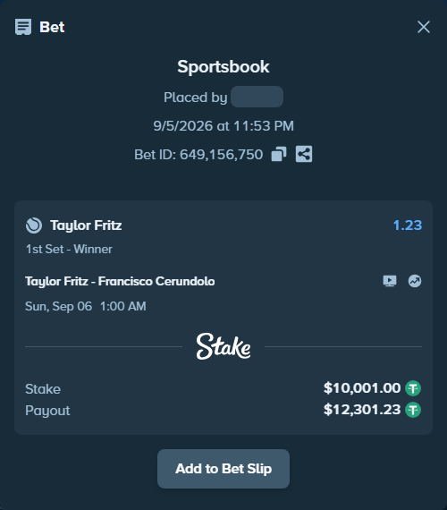 Bet slip: Taylor Fritz - Francisco Cerundolo, $10,000.00 stake at 1.23 odds, placed by Nicolerrk