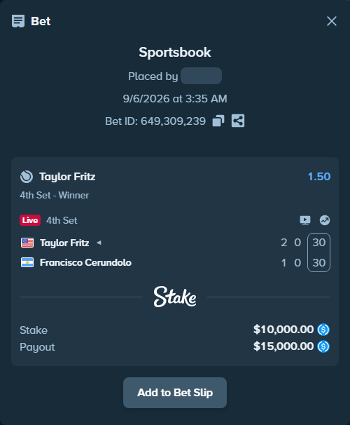Bet slip: Taylor Fritz - Francisco Cerundolo, $10,000.00 stake at 1.50 odds, placed by Fekah4