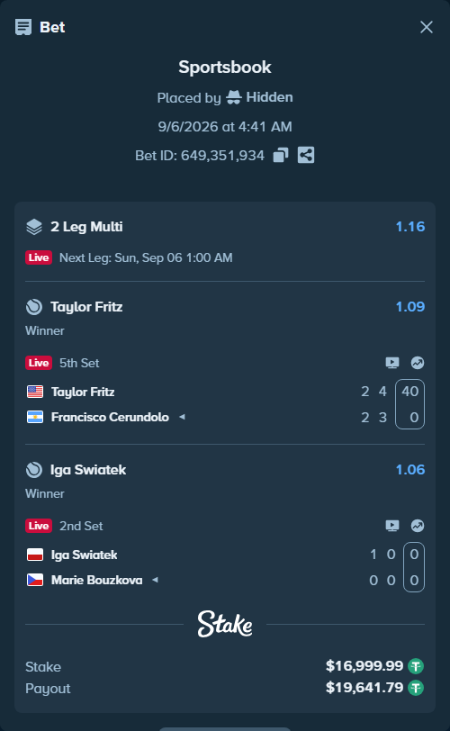 Bet slip: Taylor Fritz - Francisco Cerundolo, $16,998.29 stake at 1.09 odds, placed by Hidden