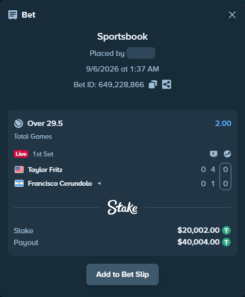 Bet slip: Taylor Fritz - Francisco Cerundolo, $20,000.00 stake at 2.00 odds, placed by Mrazova