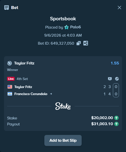 Bet slip: Taylor Fritz - Francisco Cerundolo, $20,000.00 stake at 1.55 odds, placed by Palo6