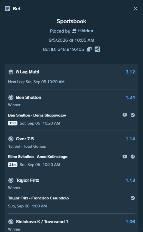 Bet slip: Taylor Fritz - Francisco Cerundolo, $36,370.10 stake at 1.13 odds, placed by Hidden