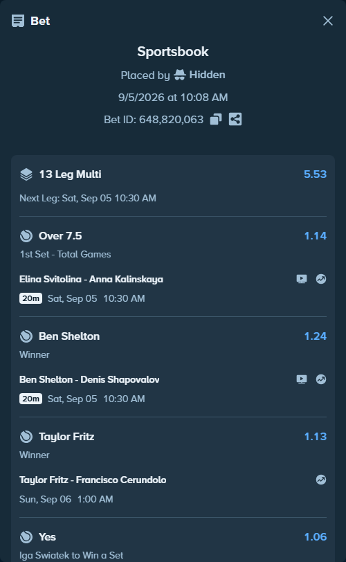 Bet slip: Taylor Fritz - Francisco Cerundolo, $75,000.00 stake at 1.13 odds, placed by Hidden