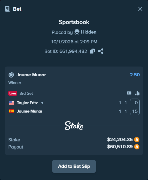 Bet slip: Taylor Fritz - Jaume Munar, $24,356.05 stake at 2.50 odds, placed by Atte90