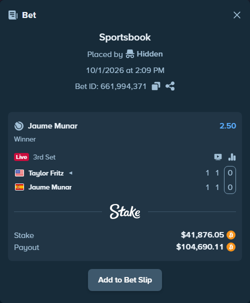 Bet slip: Taylor Fritz - Jaume Munar, $42,138.50 stake at 2.50 odds, placed by Atte90
