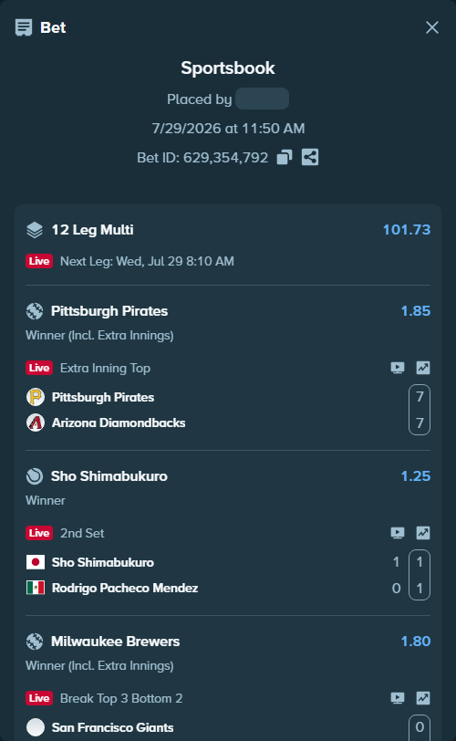 Bet slip: Taylor Fritz - Kamil Majchrzak, $18,171.32 stake at 1.27 odds, placed by Prettylfacko98