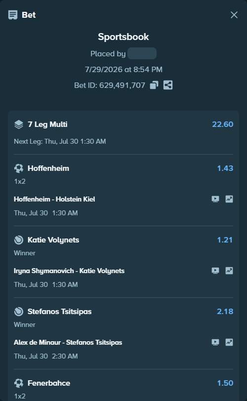 Bet slip: Taylor Fritz - Kamil Majchrzak, $24,879.81 stake at 1.30 odds, placed by JanSilas