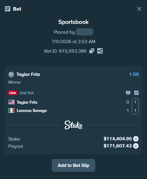 Bet slip: Taylor Fritz - Lorenzo Sonego, $114,674.02 stake at 1.50 odds, placed by Prettylfacko98